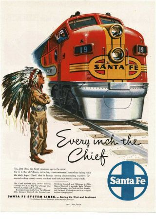 1948 Santa Fe Railroad Atsf Chief Native American Boy Emd F3 Vintage Print Ad