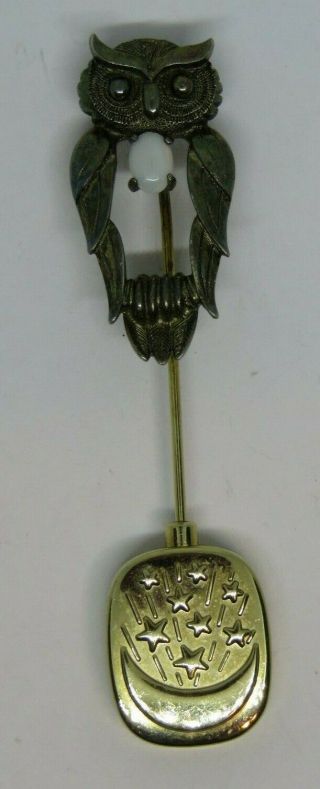 Vintage Anson Owl Stick Pin Sterling Silver W White Opal,  Signed