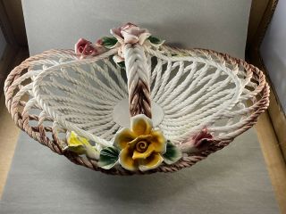Vintage Capodimonte Porcelain Flower Handle Basket Handle