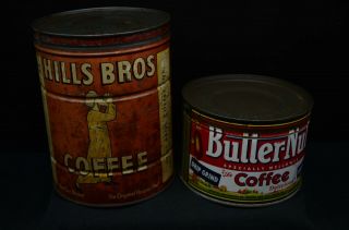 2 Vtg Metal Coffee Cans - 2 Hills Bros Coffee & 1 Butter - Nut Coffee - Drip Grind