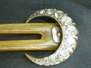 Antique Victorian Diamond Paste Silver Plate Horn Hair Pin Comb Crescent Shape