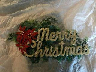 Vintage Plastic Merry Christmas Sign Gold Glitter Three Red Poinsettia Holly Ex