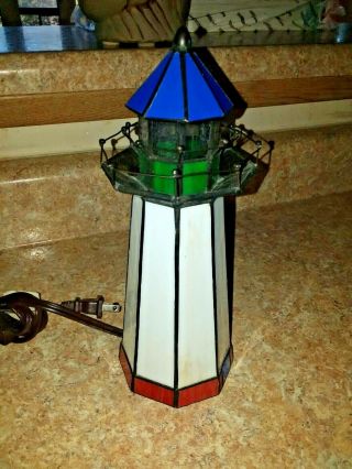 Vintage Stained Glass Lighthouse Accent Table Lamp,  Night Light Red White & Blue