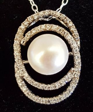 Sterling Silver & Cultured Pearl Vintage Art Deco Antique Oval Pendant Necklace