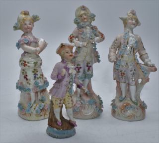 4 No.  Antique German Dresden Porcelain Floral Encrusted Figurines / Figures