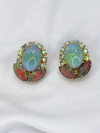 Vtg 60’s Rare Coro Signed Aurora Borealis Rhinestone Art Glass Clip On Earrings