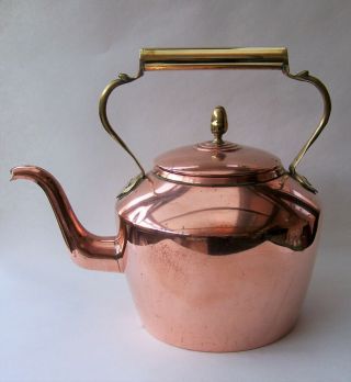 Large Edwardian Period Copper Kettle With Brass Handle And Acorn Finial