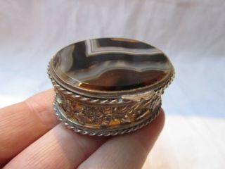 Antique 19th Century Scottish Banded Agate Ornate Metal Trinket Box 1890 
