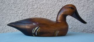Vintage Folk Art Wooden Hand Carved Duck Decoy With Glass Eyes 15 " Wood Brown