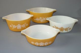 4 Vtg Pyrex Butterfly Gold Round Casserole Dishes - No Lids - 471/472/473/474