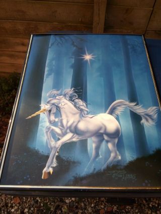 Unicorn Picture By Sue Dawe Framed Signed Rare Vintage Wall Art Poster Print 