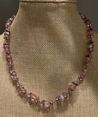 Vintage Pink Ab Rhinestone Capped Faceted Crystal Bead Glass Necklace