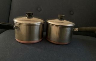 Two Vintage 1801 Revere Ware Copper Clad Bottom 3 Qt Sauce Pans With Lids