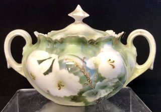 Antique Rs Germany Floral Footed Cracker Jar W/ Lid Royal Saxe Porcelain Dogwood