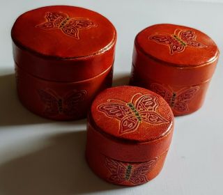 Vintage Tooled Leather " Butterfly " Nesting Trinket Boxes.  " The Bombay Store "