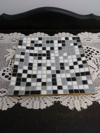 Vintage Mid Century Ceramic Mosaic Tile Ashtray Grey Black White Gold Dish Plate