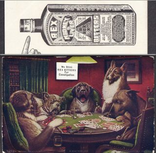 Rex Bitters Antique 110,  Yrs Dogs Playing Poker Cm Coolidge Art Advertising Card