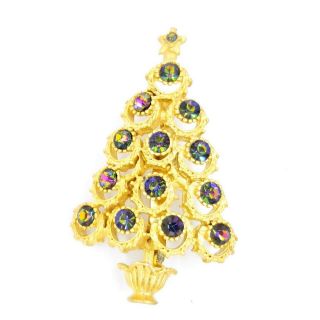 Vintage High Fashion Gold Tone Ravoli Ab Rhinestone Christmas Tree Brooch