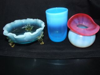 Antique Victorian 3 Opalescent Glass Bowl Tumbler And Vase Uranium And Cranberry