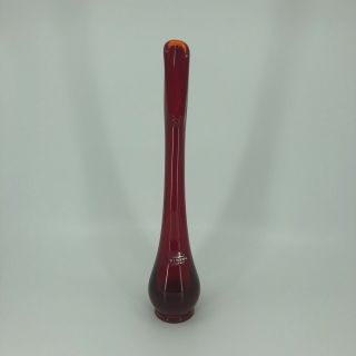 Vintage Mid Century Modern Viking Glass Swung Small Bud Vase In Red With Label
