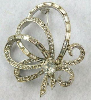 Vintage Signed Weiss Clear Rhinestone Ribbon Bow Design Pin Brooch