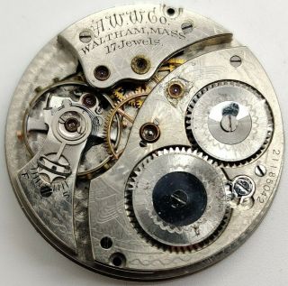 Vintage Waltham No.  225 17 Jewel 12 Size Pocket Watch Movement Runs For Repair