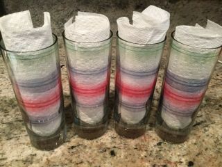 Set Of 4 Vintage Retro Drinking Glasses Red Blue Green Striped Tinted