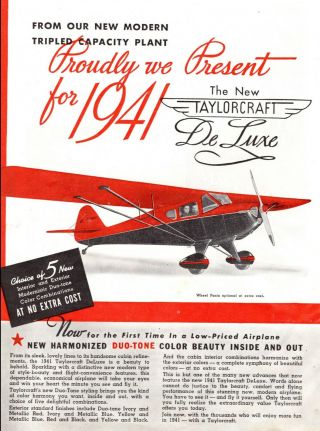 1941 Ww2 Era Private Plane Ad The Taylorcraft De Luxe Alliance Oh 072620