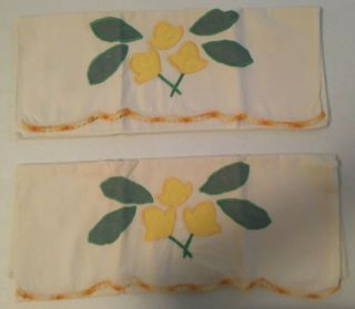 2 Vintage White Pillowcases Embroidered Floral Crochet Lace Edge Yellow Green