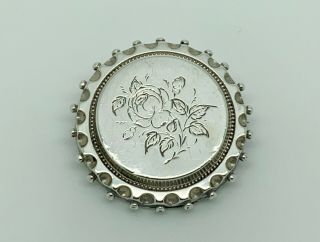 Gorgeous Antique Victorian Sterling Silver Engraved Rose Flower Brooch Kite Mark