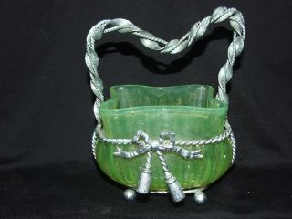 Antique Victorian Uranium Opalescent Glass Basket In Metal Wire Frame With Bow