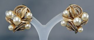 Vintage Crown Trifari Goldtone Faux Pearl & Leaf Clip - On Earrings 7/8 " High