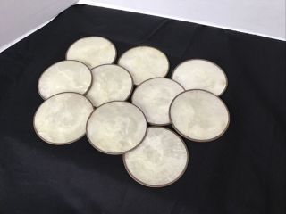 10 Vintage Mother Of Pearl Capiz Sea Shell Cork Back 3.  25 " Coasters Brass Trim