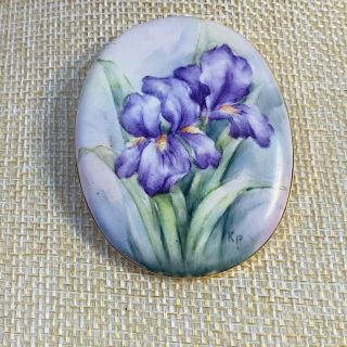 Vintage Porcelain Hand Painted Iris Brooch,  Signed Oval Flower Pin,