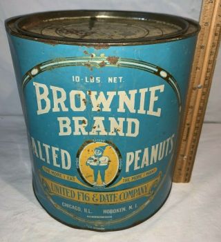 Antique Brownie Brand Salted Peanuts 10lb Tin Litho Can Palmer Cox Country Store