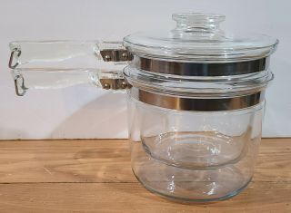 Vintage Pyrex Flameware Double Boiler Pot W Lid 6283 - L 1.  5qt Clear Glass Vgpc