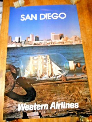 C 1970s San Diego Western Airlines Travel Poster 3 Master In Bottle