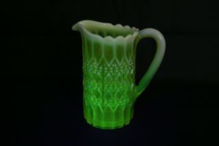 Antique Canary Opalescent Vaseline Glass Diamond Pattern Pitcher 5.  5 " Tall Rare