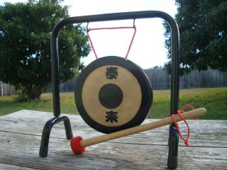 Vintage Chinese Tabletop Brass Gong With Stand And Mallet