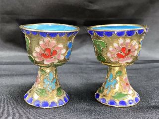 Set Of 2 Vintage Cloisonné Egg Cup/ Small Enameled Chalice Goblet / Shot Glass