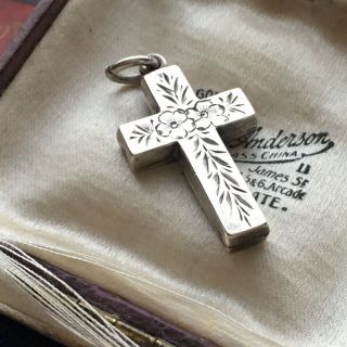 Antique Victorian 1897 Chester Sterling Silver Floral Engraved Cross Pendant