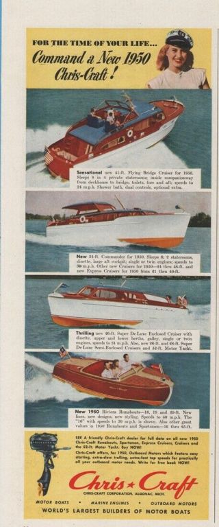 1950 Chris Craft Flying Bridge Cruiser Commander Riviera Runabout Boat Ad