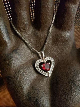 Vintage Sterling Silver Red And White Stones Heart Pendant Necklace 16 In 925