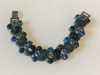 Vintage Shades Of Blue Rhinestone Frosted Blue Cabochon Silver Tone Bracelet