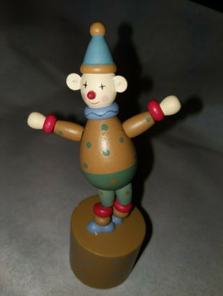 Vintage Wooden Spring Loaded Push Up Button Collapsing Puppet Jointed Toy Clown