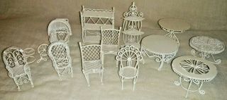 Vintage Metal Wire Wicker Miniature Doll House Furniture Chairs Tables Shelves