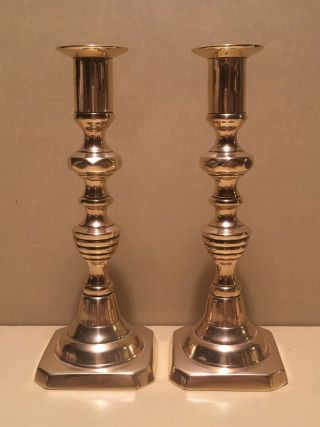Pair Antique Victorian Square Based Brass Diamond & Beehive Candlesticks 20 Cm