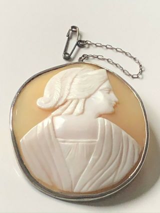 Large Antique Victorian Carved Cameo & Sterling Silver Brooch Pin & Safety Chain