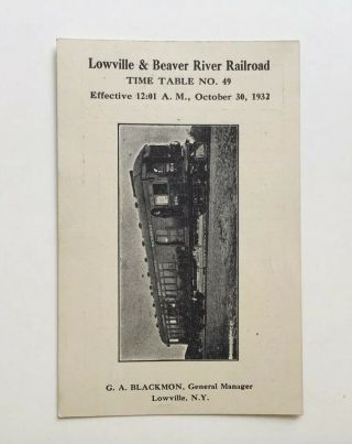 Vintage Railroad Timetable Lowville & Beaver River Rr York 1932