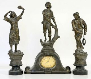 Late 19th/early 20th Century French Patinated Spelter Clock Garniture